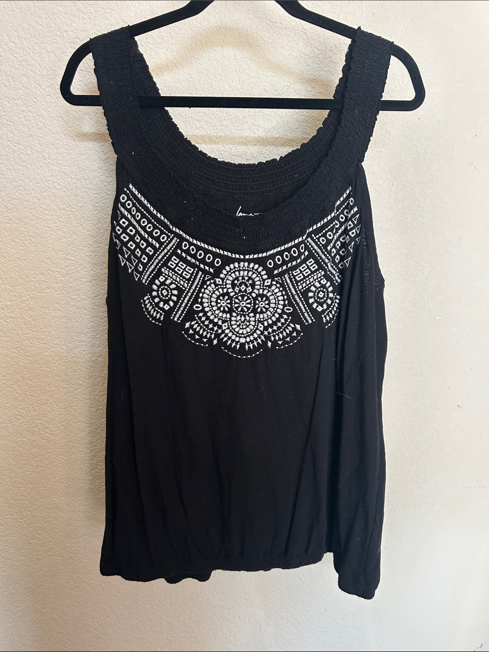 Lane Bryant Black Tank with White Embroidered Yoke